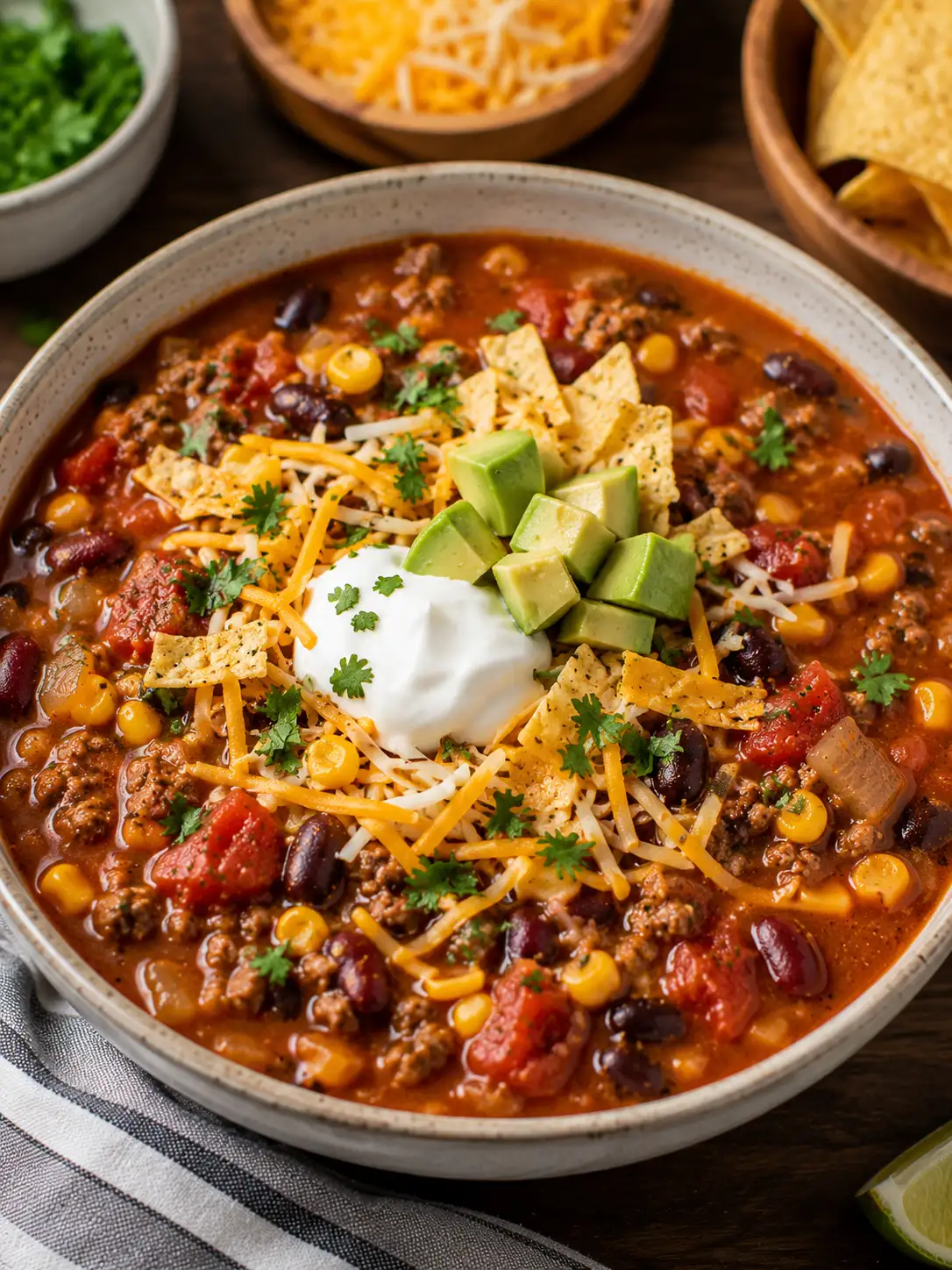 Slow cooker taco soup with cheese and tortilla chips