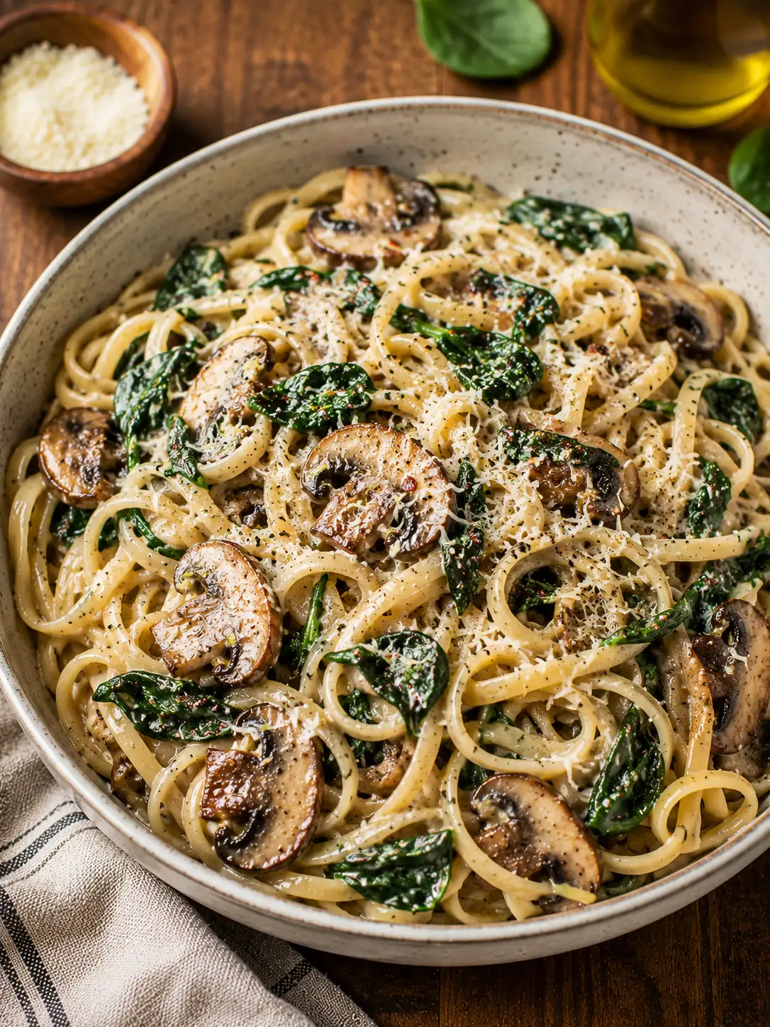 Spinach mushroom pasta in a light parmesan sauce