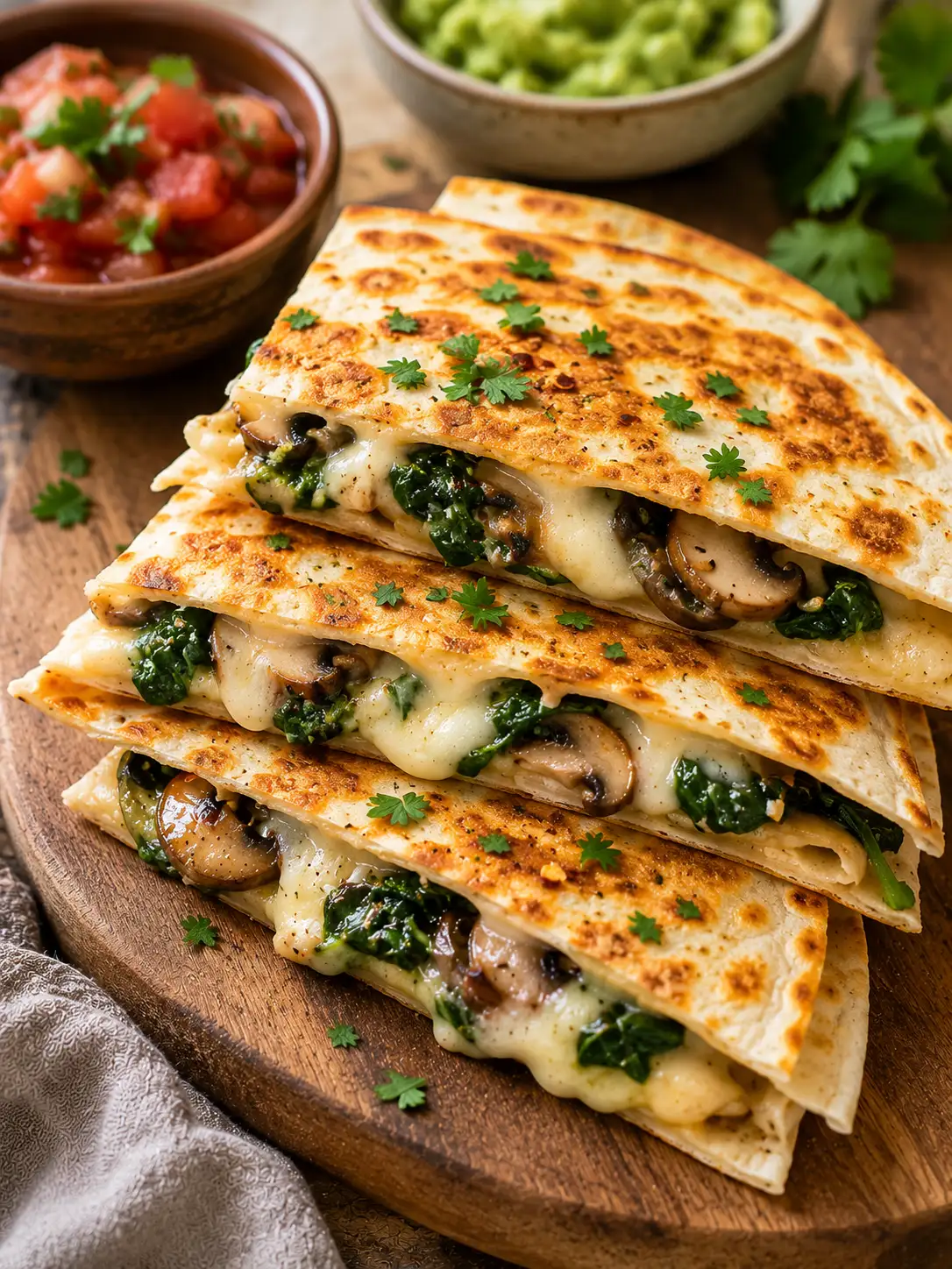 Spinach mushroom quesadillas cut into wedges