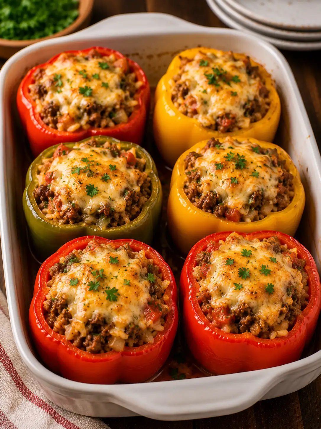 Baked stuffed bell peppers with ground beef, rice, and cheese