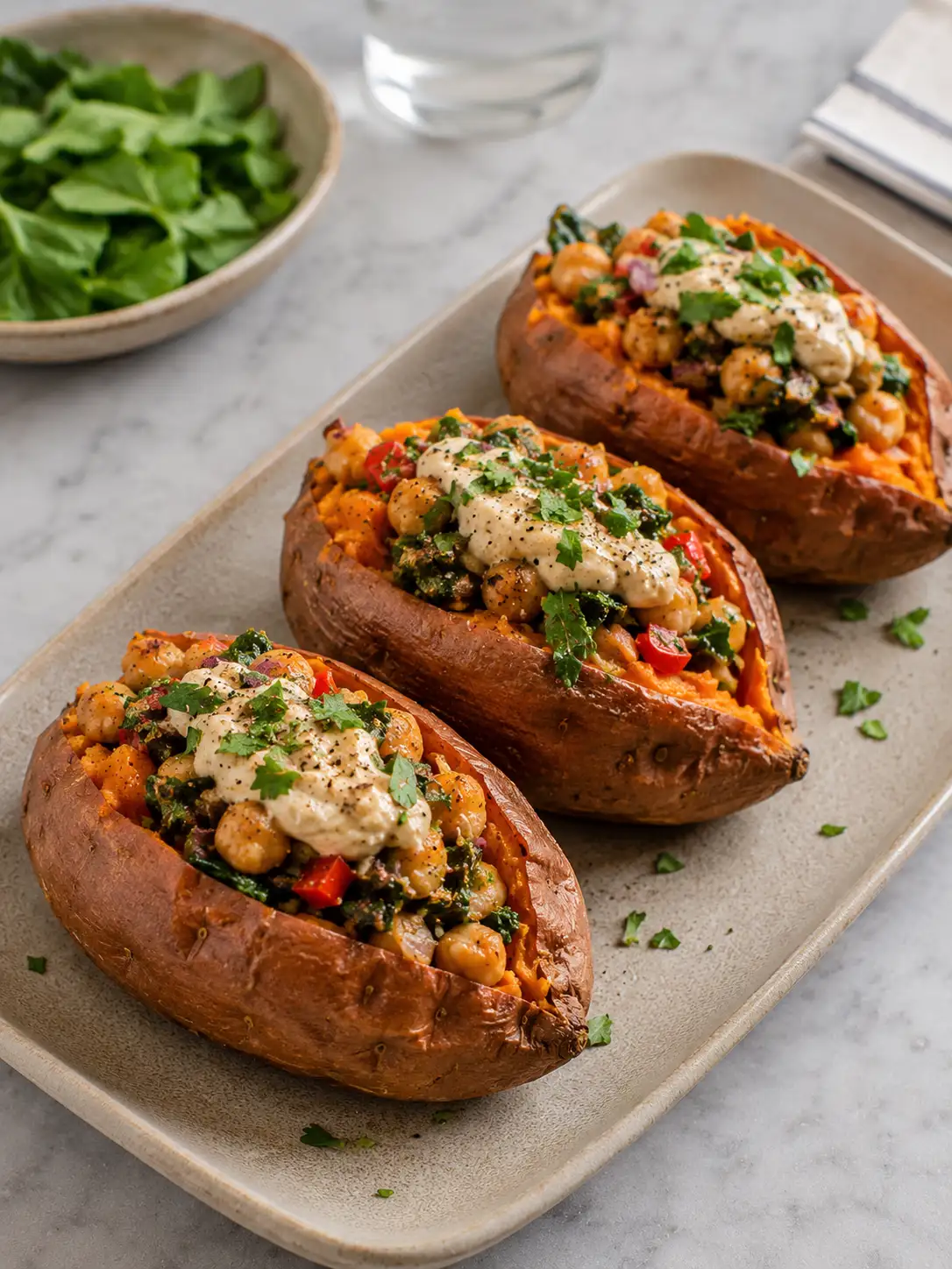 Stuffed sweet potatoes with black beans, corn, and avocado