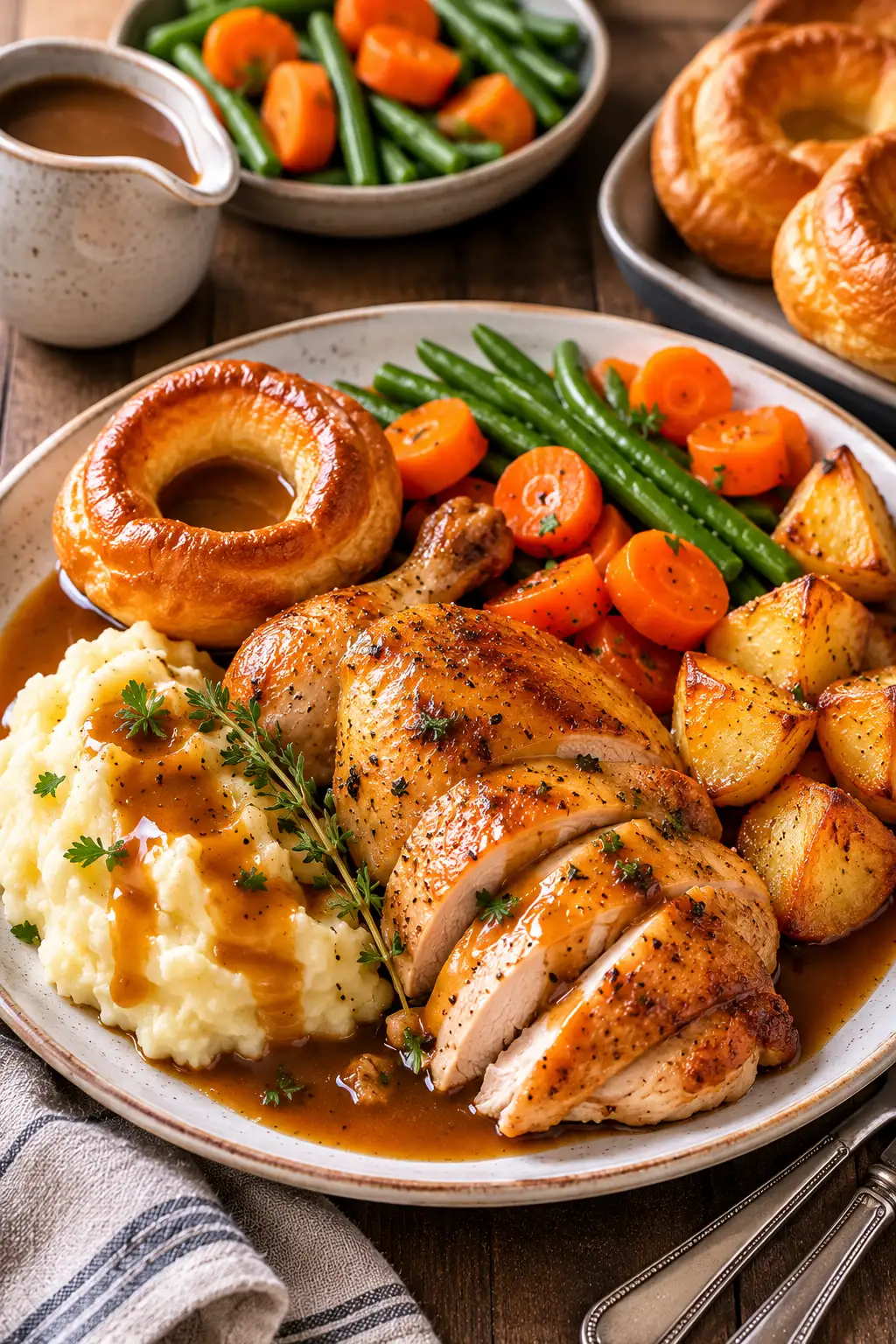 Whole roast chicken with potatoes and carrots