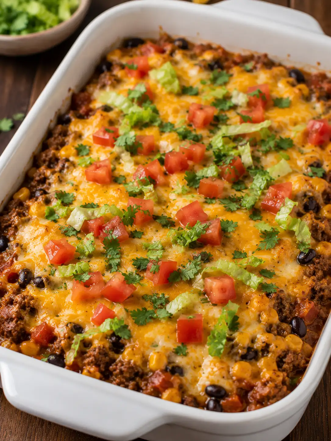 Taco casserole with melted cheese and toppings