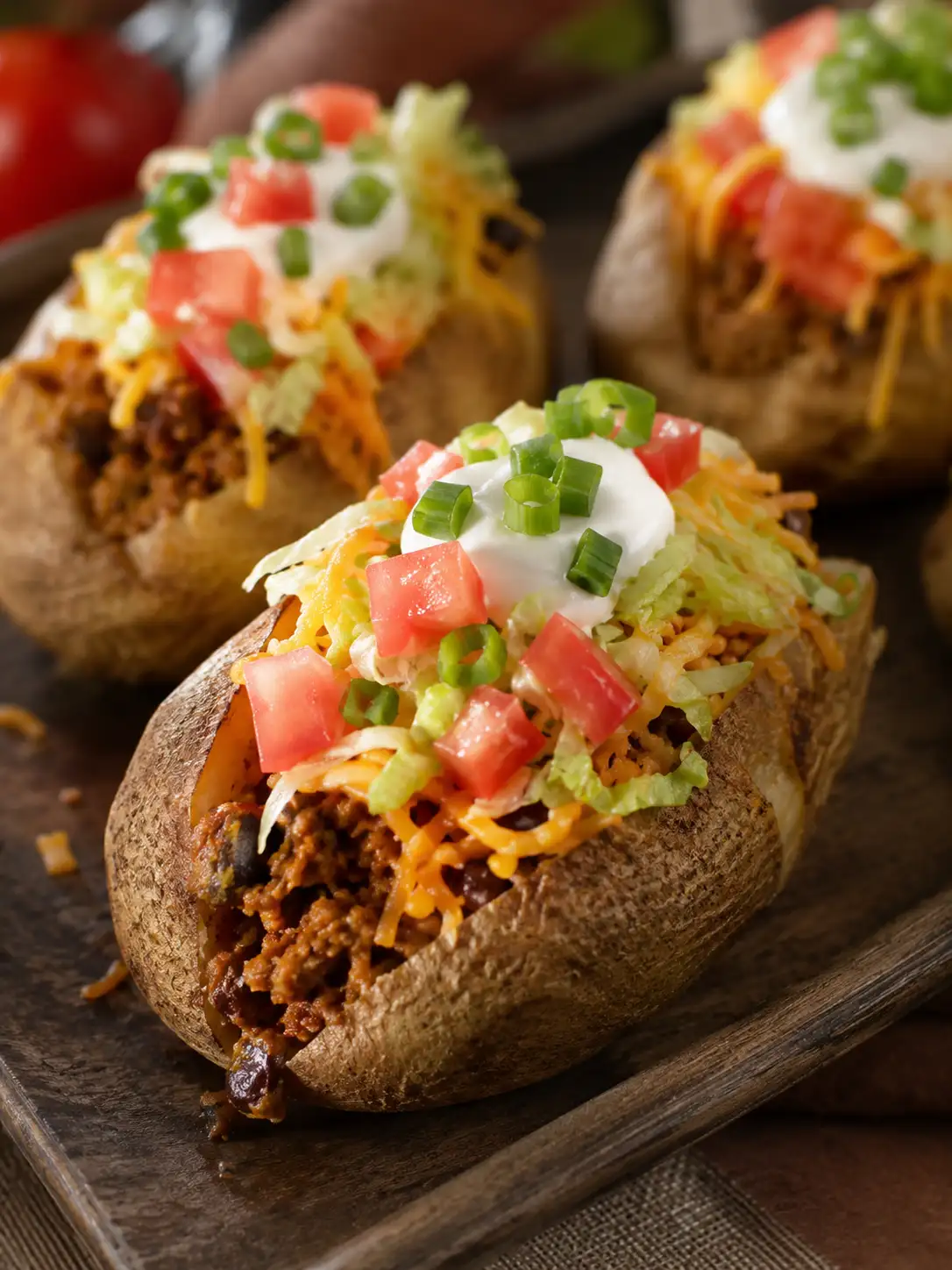 Baked potato split open and stuffed with taco meat, cheese, sour cream, and salsa