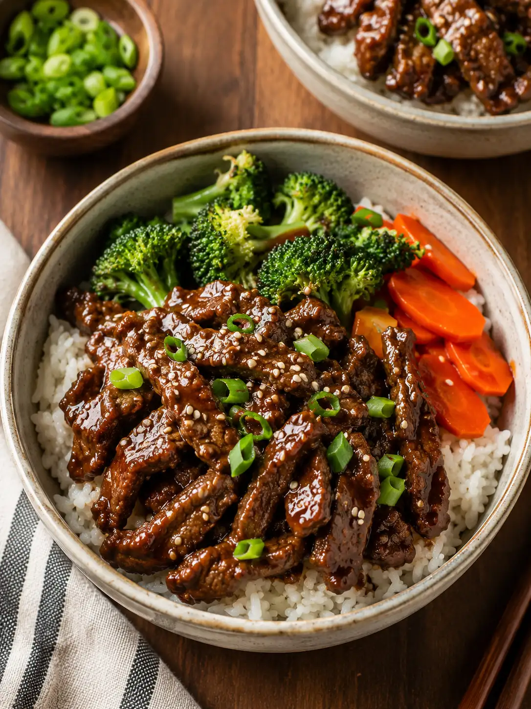 Teriyaki beef bowl over rice with broccoli and sesame seeds