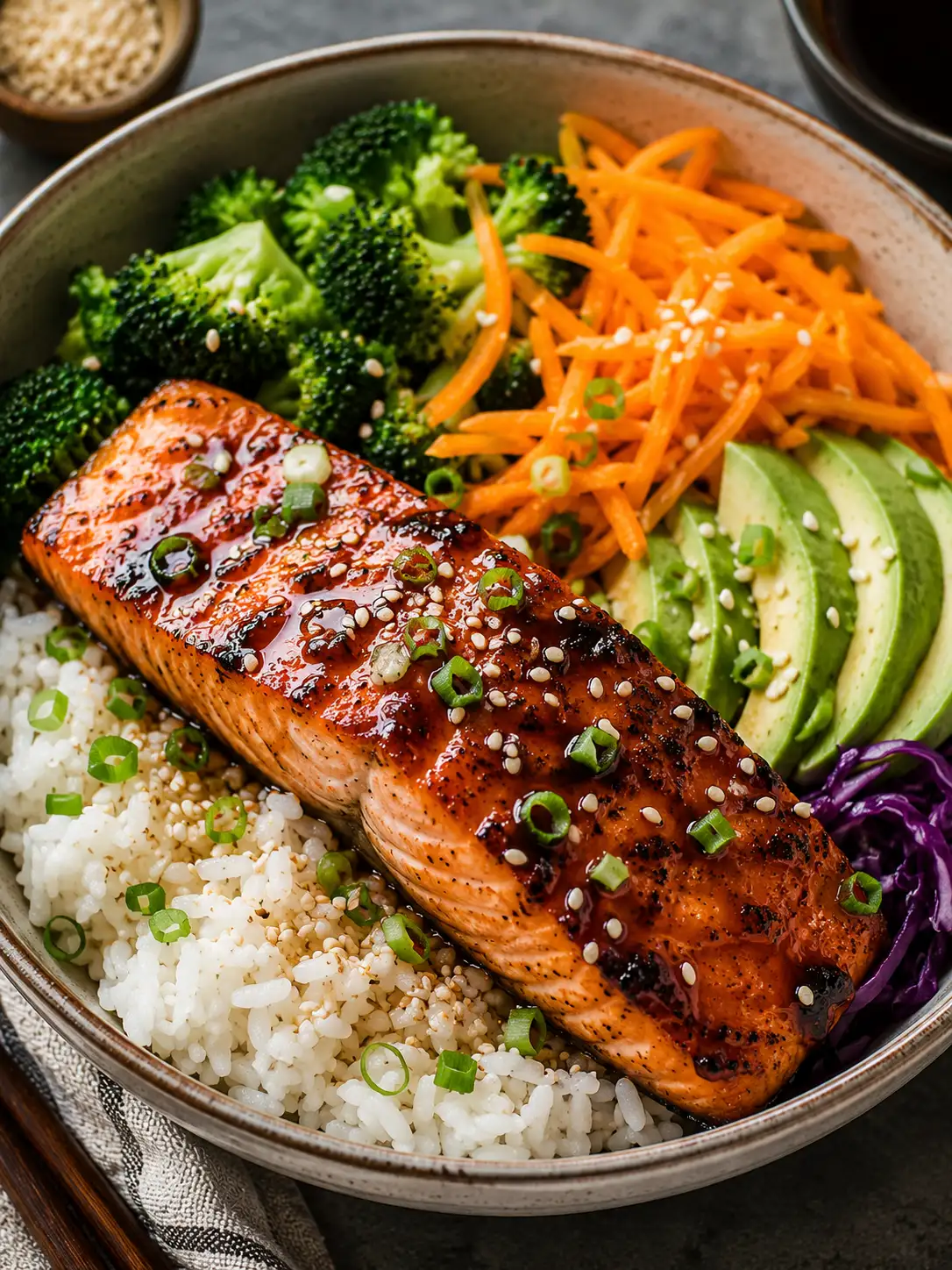 Teriyaki salmon bowl over rice with sesame seeds