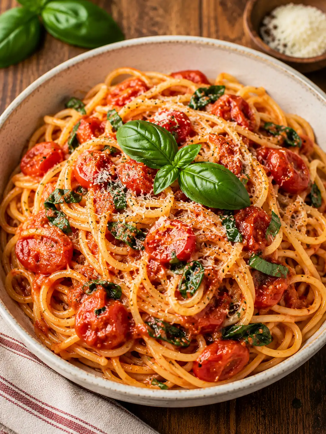 Tomato basil pasta with fresh basil and parmesan