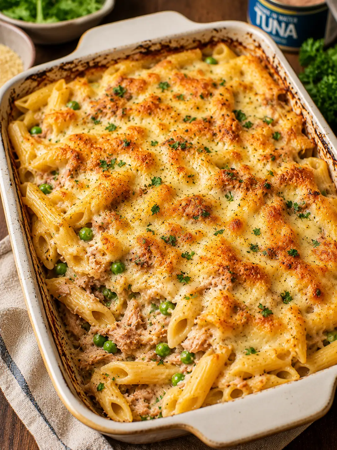 Tuna pasta bake with a golden cheese top