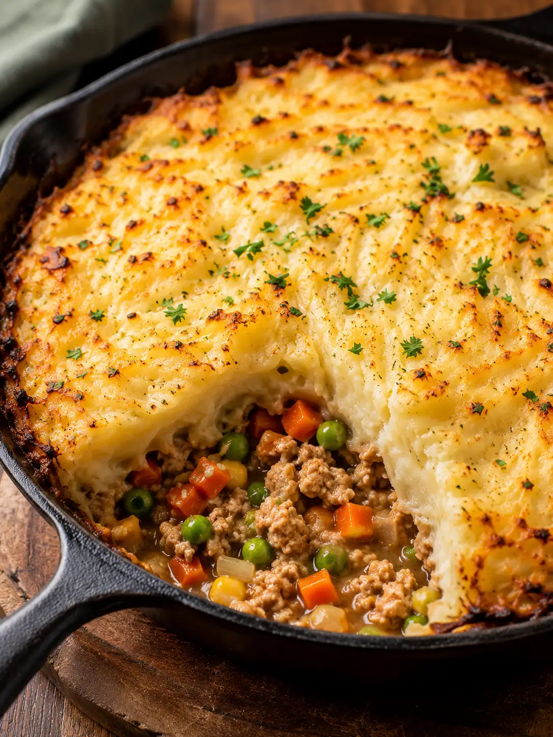 Turkey shepherd's pie with a golden mashed potato topping