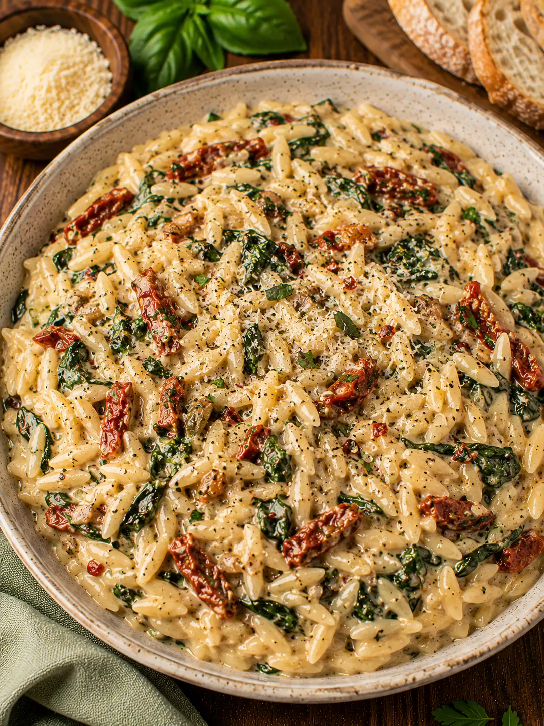 Creamy Tuscan orzo with sun-dried tomatoes and spinach