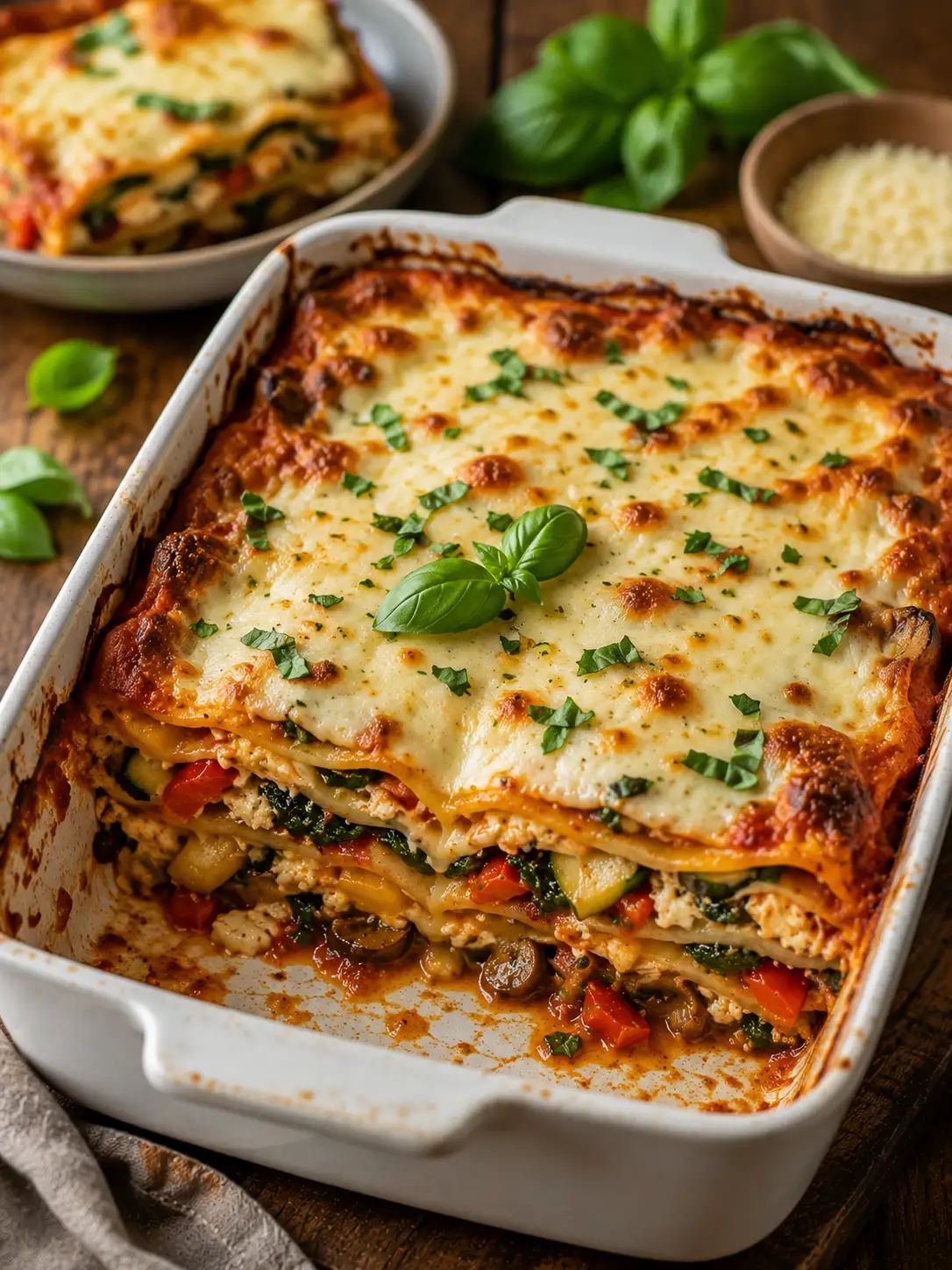 Vegetable lasagna with layers of cheese and vegetables