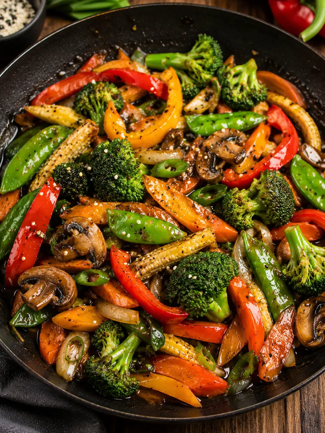 Colorful vegetable stir fry in a glossy sauce over rice