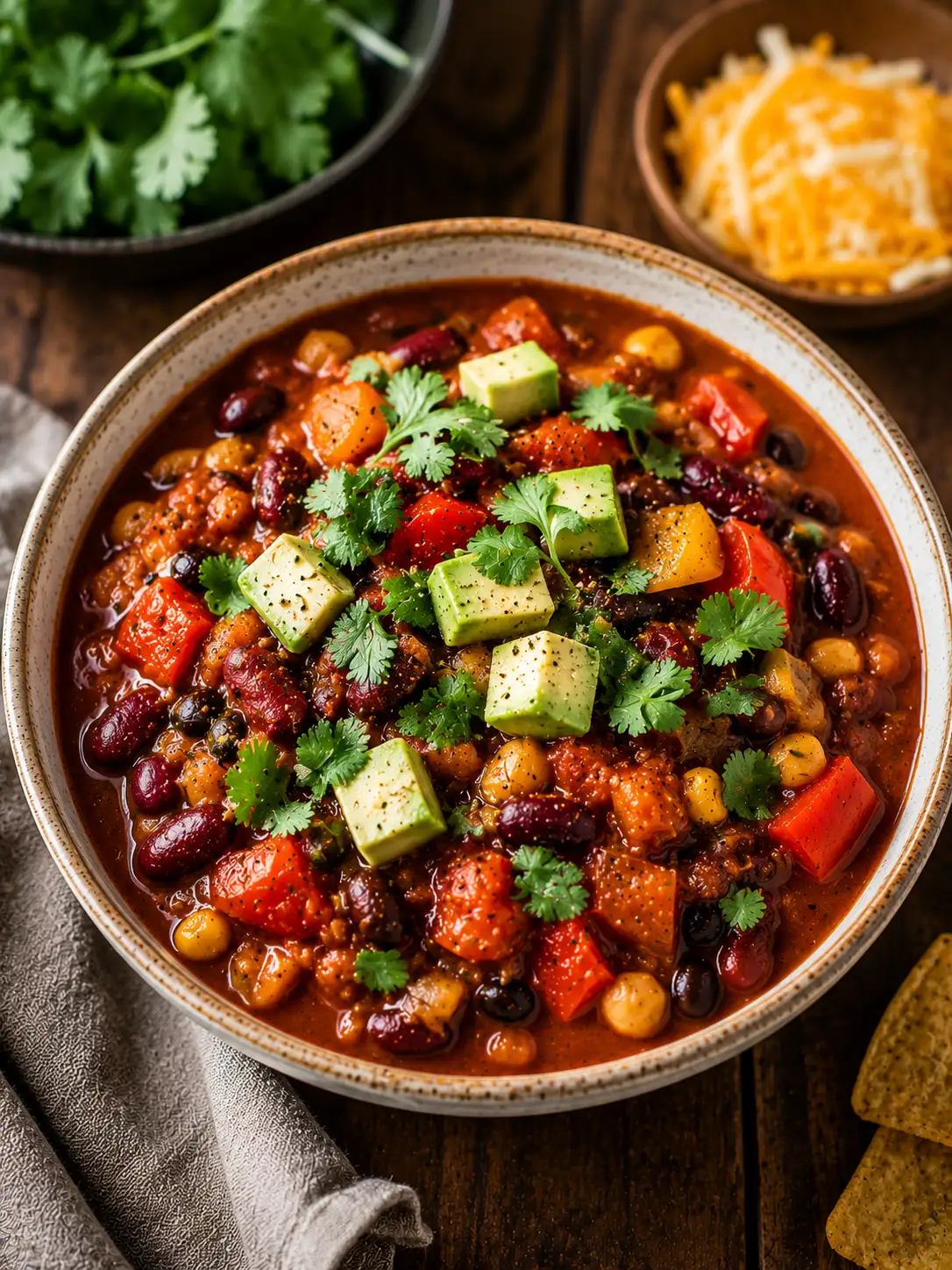 Bowl of vegetarian chili with beans and toppings