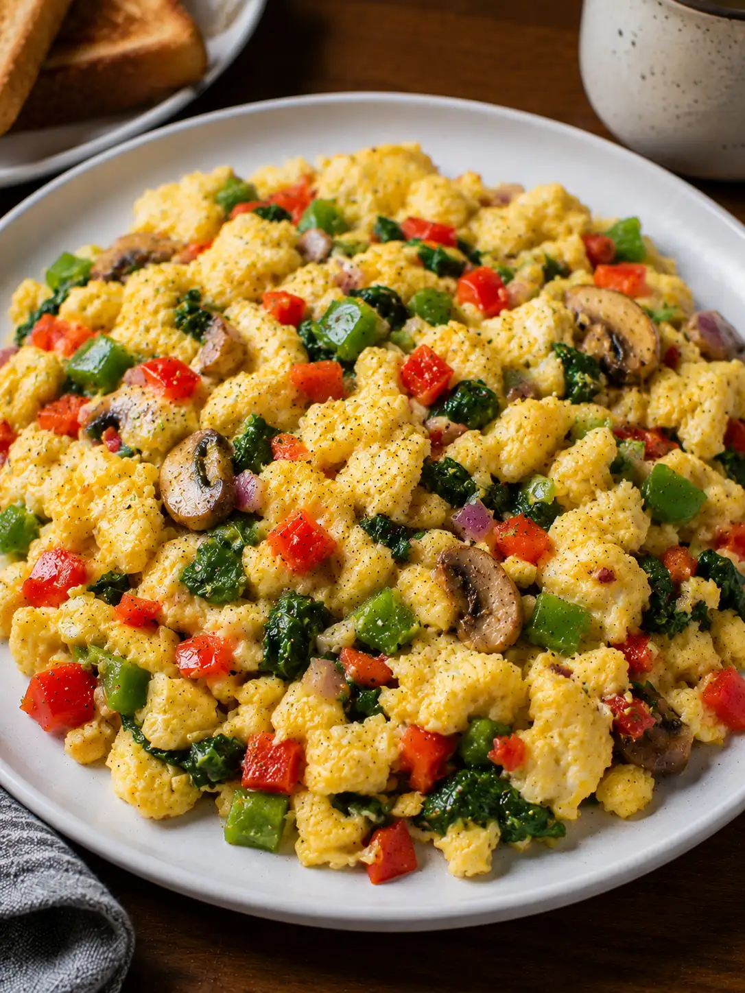 Veggie egg scramble with peppers, spinach, and cheese
