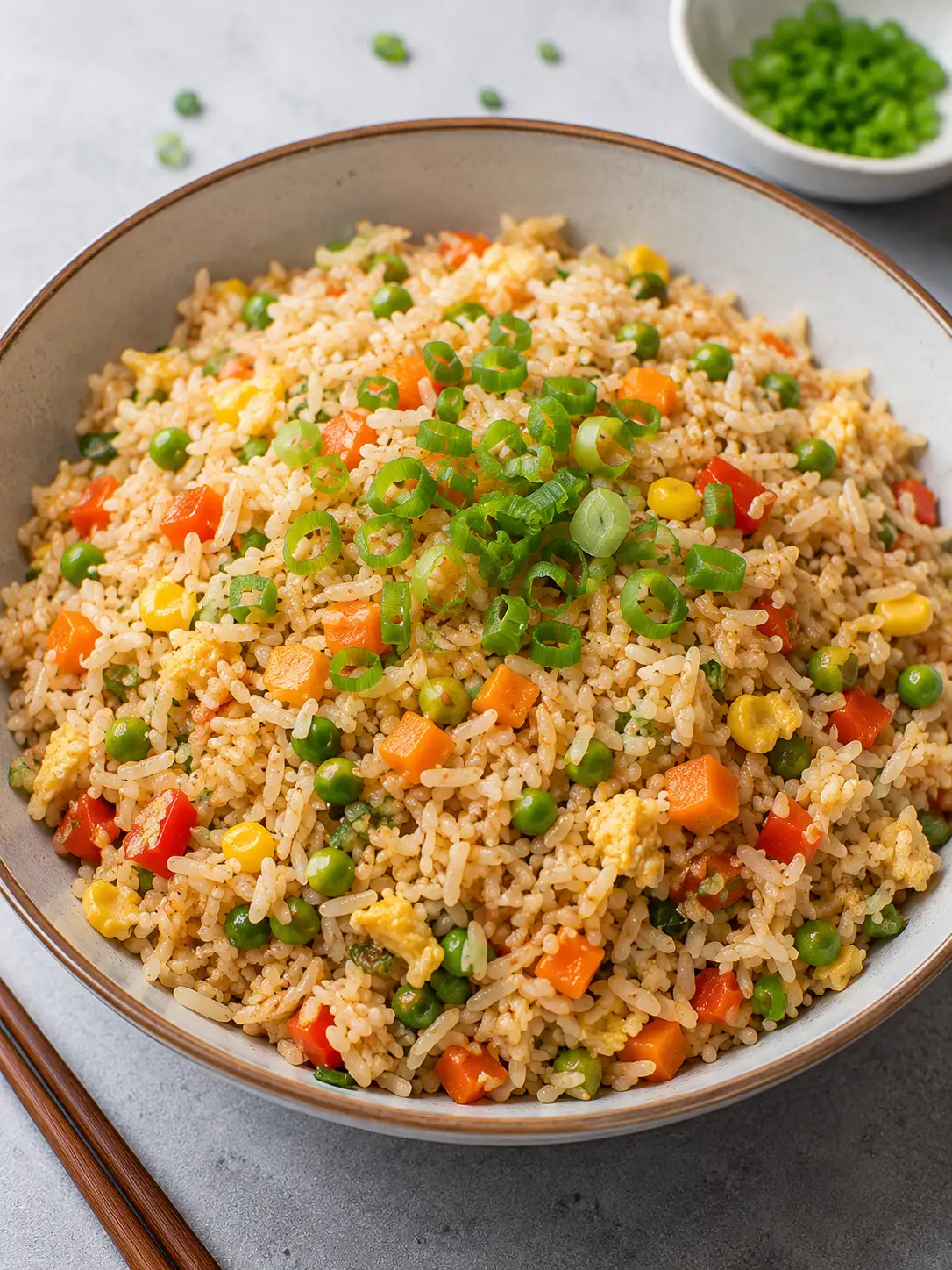 Veggie fried rice with egg, peas, and carrots
